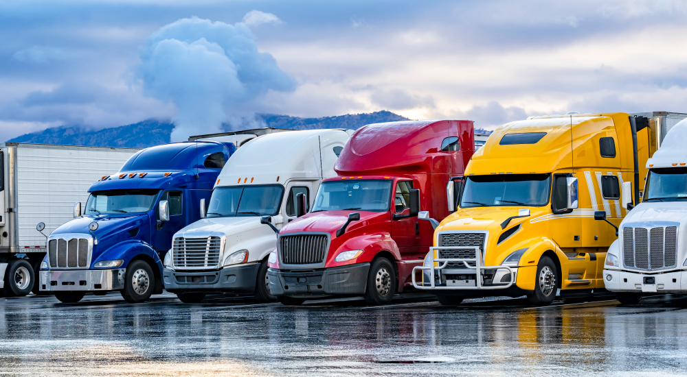 Six American trailer trucks parked side by side of different colors starting from royal blue, white, red and yellow trucks all next to one another. 