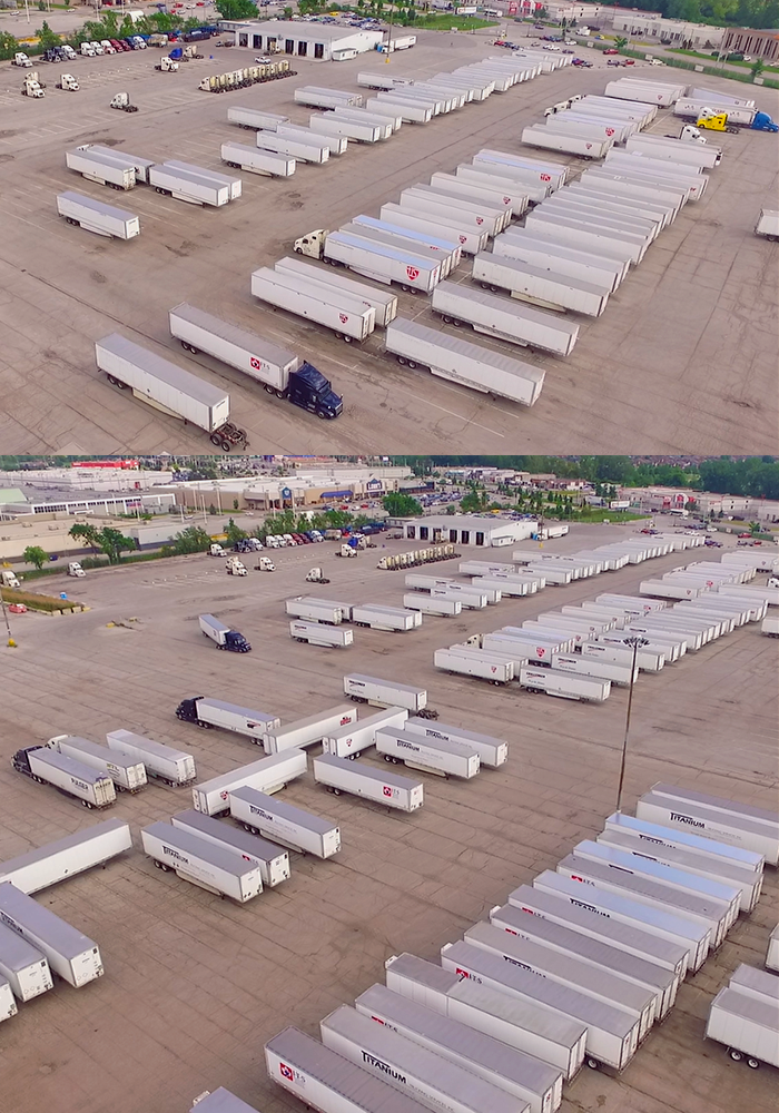 Top view of a fleet parking lot. 2 images showcasing how big this lot is while trucks are parked side by side. 